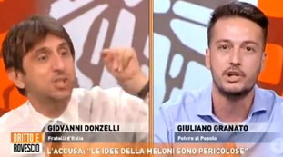 Se mettono te a testa in giù. Il meloniano sbrana il comunista, vergogna su Giorgia a Dritto e rovescio | Video