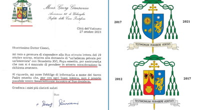 Benedetto XVI ci risponde per lettera dalla sua sede impedita: confermate le nostre affermazioni